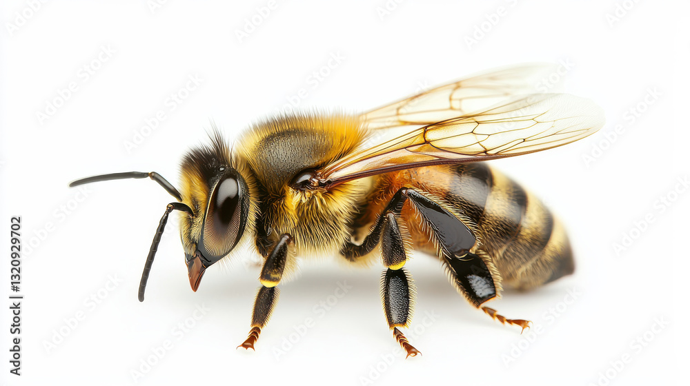 Close-up of a bee showcasing detailed features and vibrant colors on a white background. isolated on white background. Close-up of a bee showcasing detailed features and vibrant colors on a white background. isolated on white background.