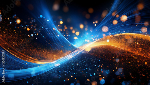 a vibrant abstract background showcasing blue and orange particles creating a dynamic and illuminated atmosphere