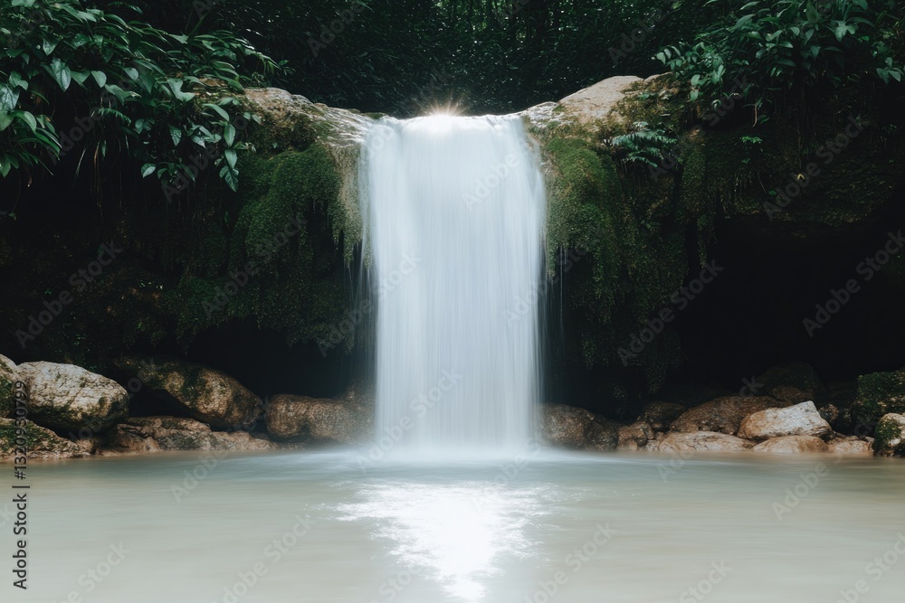 Obraz premium Majestic waterfall cascading into tranquil pool, surrounded by l