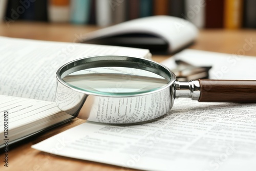 Magnifying glass on open books in library setting for research and study photo