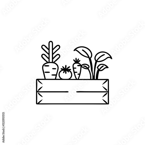 Minimalistic line drawing of vegetables in a wooden crate