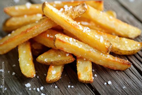 Crispy golden fries sprinkled with salt on a rustic wooden surface.