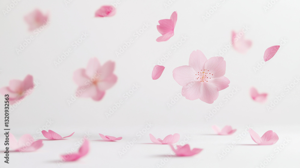 Delicate pink flower petals gently falling against a soft white background. isolated on white background. Delicate pink flower petals gently falling against a soft white background. isolated on white background.