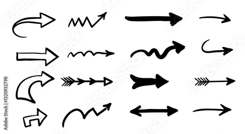 set of Hand-Drawn Arrow Doodles with Curved, Wavy, and Zigzag Directions for Design and Sketch Elements