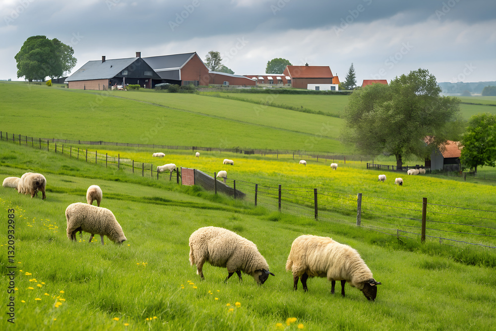 Fototapeta premium Pastoral Harmony: Sheep Grazing in Lush Meadows, Supporting Agriculture and Tradition