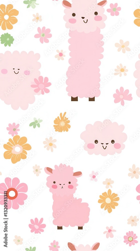 Obraz premium A gentle pink sheep grazing peacefully surrounded by colorful flowers in a lovely pastoral setting of natural beauty
