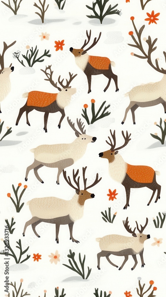 Naklejka premium Majestic caribou migrating through a wide open field surrounded by nature's beauty and scenic landscape