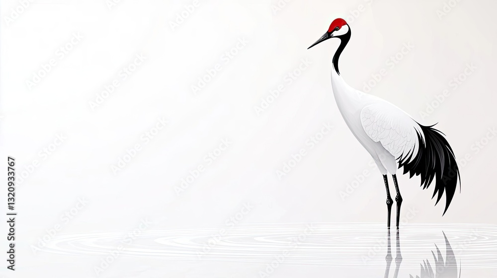 Fototapeta premium Ink illustration abstract background concept. Elegant crane standing gracefully in serene water, showcasing beauty and tranquility.
