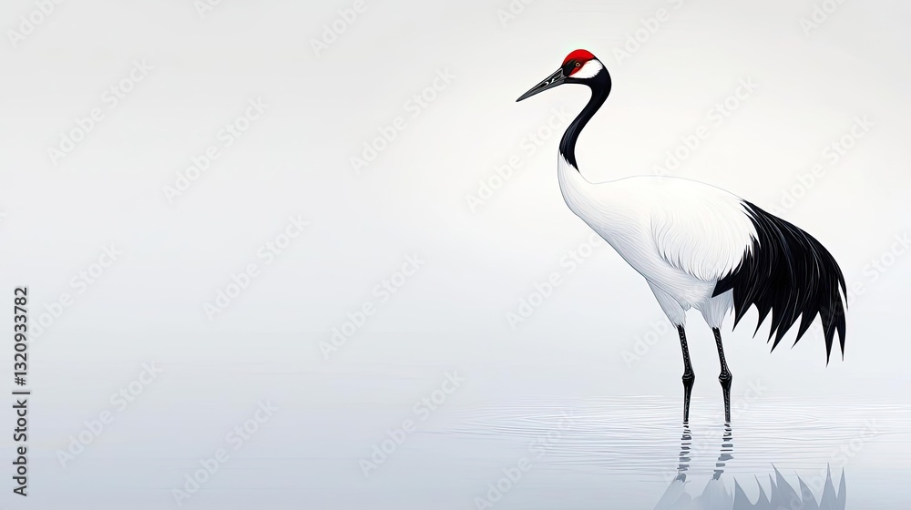 Fototapeta premium Ink illustration abstract background concept. Elegant crane standing gracefully in a serene, minimalistic environment.