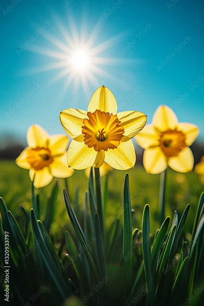 Fototapeta premium Vibrant Yellow Daffodils in Bloom, Blue Sky and Bright Sunshine. Spring or Summer Floral Background