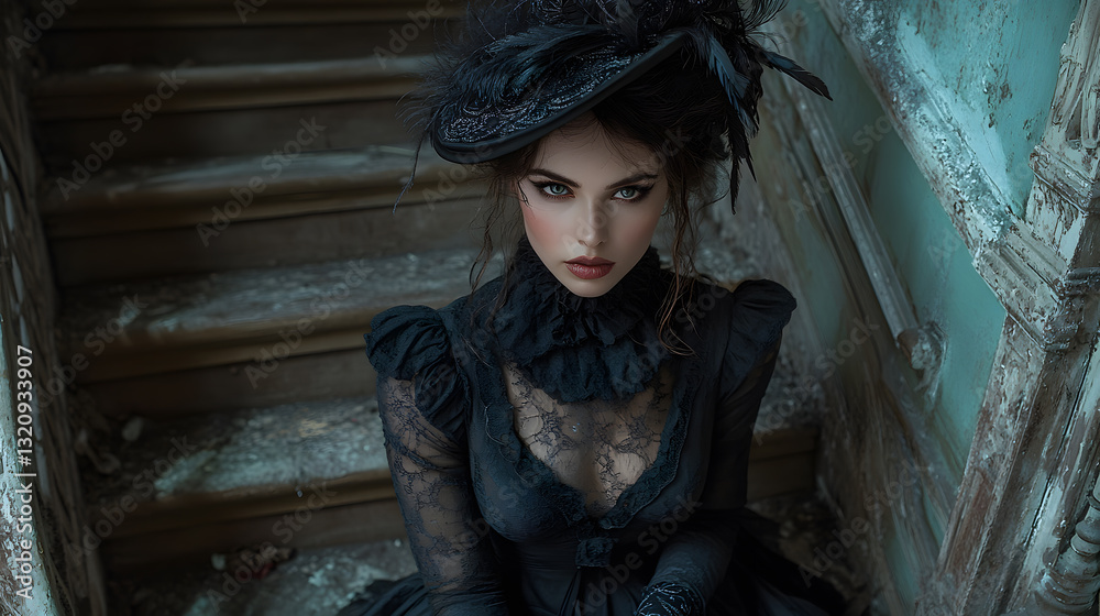 A highly detailed photography of a gothic model wearing a Victorian-inspired high-collared black gown, complete with lace gloves and an elaborate feathered hat, posing in a grand, decayed mansion. A highly detailed photography of a gothic model wearing a Victorian-inspired high-collared black gown, complete with lace gloves and an elaborate feathered hat, posing in a grand, decayed mansion.