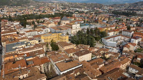 Aerial view of Basilica of San Bernardino located in the historic center of L'Aquila, Abruzzo, central Italy. 