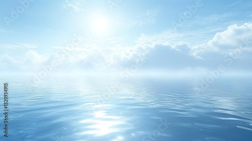 Wallpaper Mural Seascape abstract background idea. A serene ocean surface reflects a bright blue sky with fluffy clouds under sunlight. Torontodigital.ca
