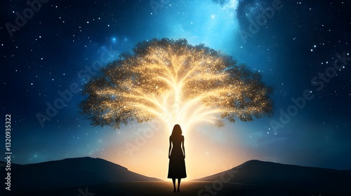 Enlightened Path: A silhouette of a person standing beneath a radiant, luminous tree, illuminated by a celestial night sky. Evoking a sense of inner peace and spiritual awakening.