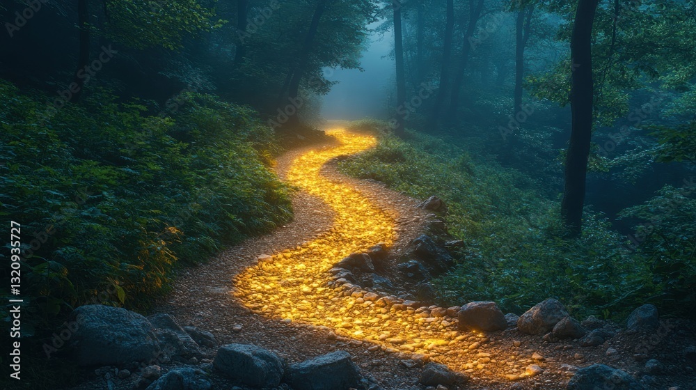 Golden path winding through mystical forest at night. Possible stock photo use Golden path winding through mystical forest at night. Possible stock photo use