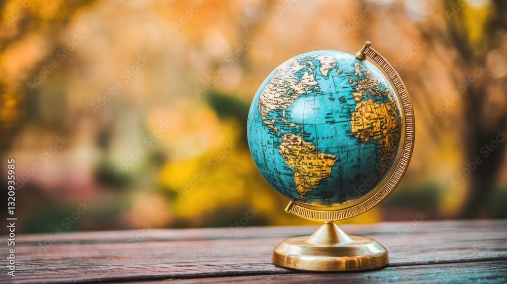 A Small Globe on Wooden Table, Autumn Background A Small Globe on Wooden Table, Autumn Background