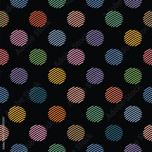 Seamless Bright Polka Dot Black Background, Line Art, Kawaii Style