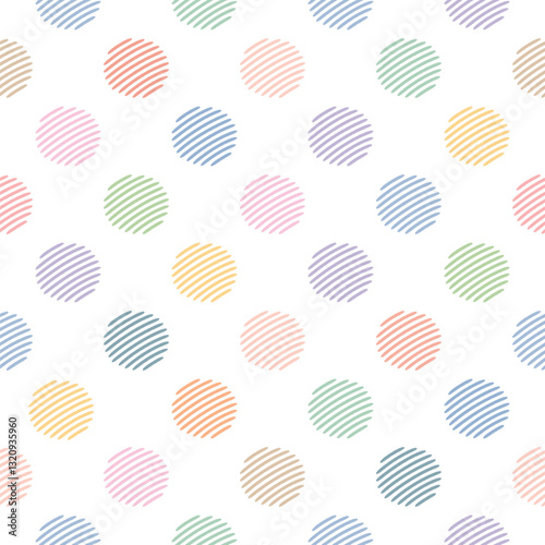 Seamless Pastel Polka Dot White Background, Line Art, Kawaii Style