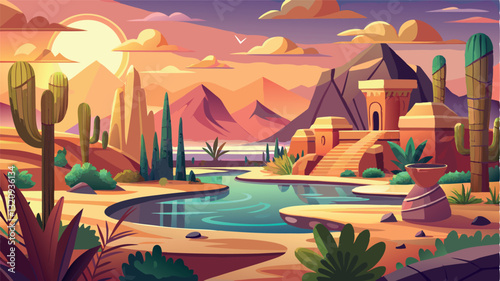 In the middle of the endless desert there is a picturesque oasis with majestic cacti. The warm sunset light emphasizes the graceful forms of the plants.