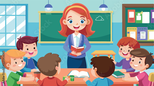 A cheerful female teacher conducts a lesson for children in an elementary school classroom. The students are sitting at their desks, listening attentively to the explanations.