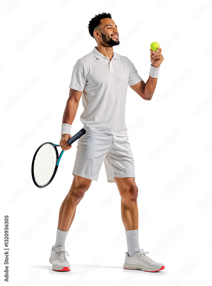 Confident black male tennis player holding a tennis racket and ball