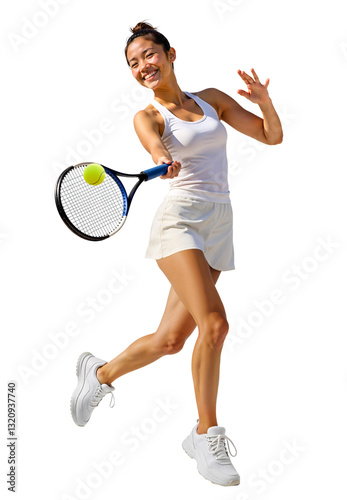 Obraz na płótnie Cheerful asian woman tennis player hitting a tennis ball with a racket w salonie