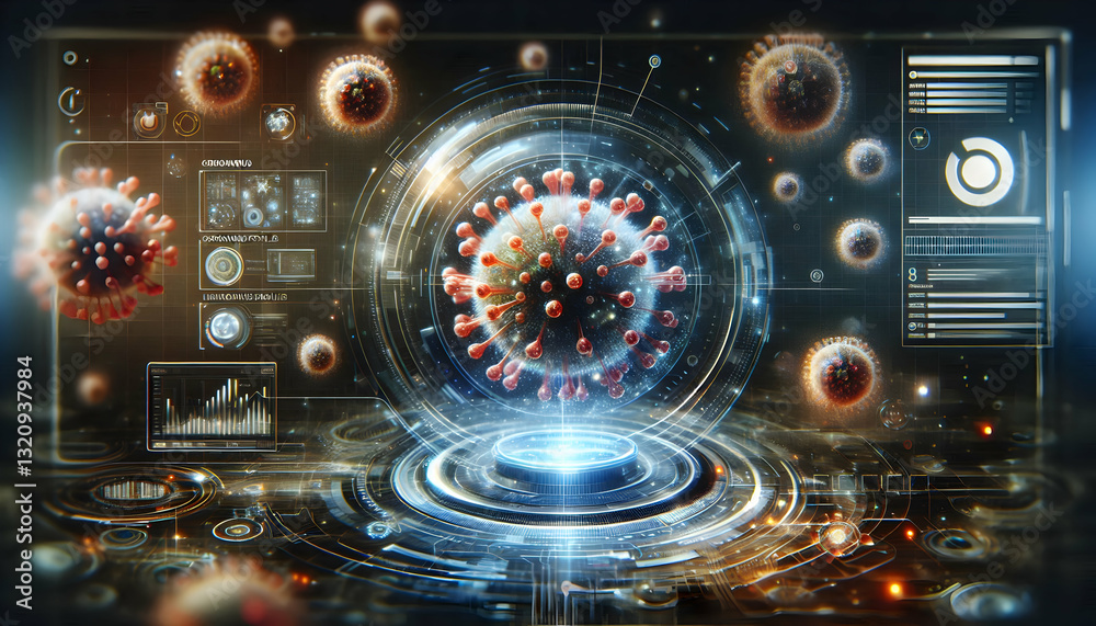 Fototapeta premium Medical science Futuristic holographic projection of coronavirus particles, as if being analyzed in a high-tech labo2