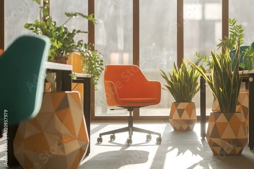 A vibrant office environment with colorful office chairs, a large window letting in natural light, and potted plants scattered around the space