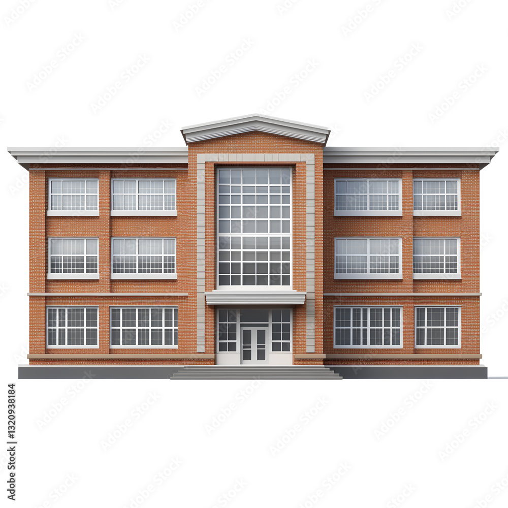 A photorealistic illustration of an exterior view of a two-story brick school building, 3D rendering isolated on Transparent background A photorealistic illustration of an exterior view of a two-story brick school building, 3D rendering isolated on Transparent background
