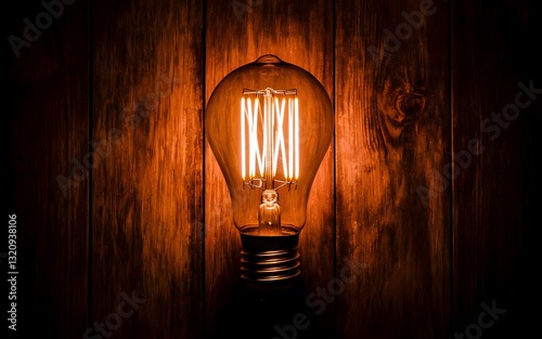 A vintage Edison bulb glowing warmly on a dark wooden background, with its intricate filament design shining brightly. 