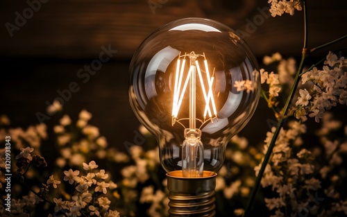 A vintage Edison bulb glowing warmly on a dark wooden background, with its intricate filament design shining brightly. 