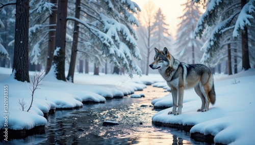 Snowy forest landscape with a timber wolf standing on a frozen stream, its fur fluffed against the cold, snowflakes, wolves, nature