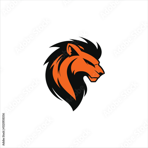 Vector logo lion on white background side view, lion head icon, lion face, orange and black, fierce Esport lion design
