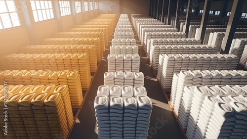 A warehouse filled with stacked bags of corn or rice, organized for efficient storage in a facility. 