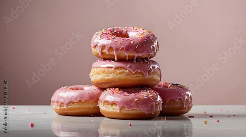 Delicious pink frosted donuts stacked on a marble surface with colorful sprinkles at a bakery setting