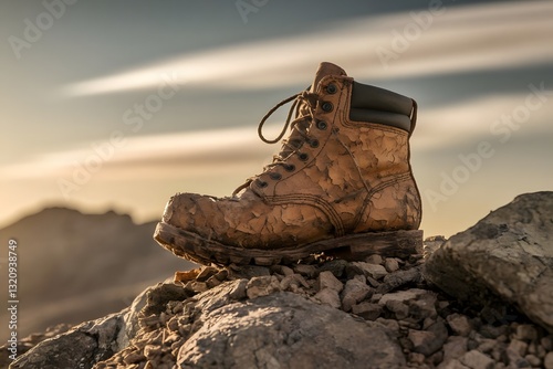A weathered, torn boot placed on the rocky mountaintop, showing the visible damage from the tough climb. 