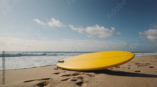 Surfboard resting on sandy beach with gentle waves under a bright sky during late afternoon