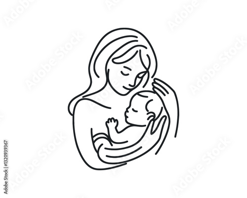 Happy Mother's Day logo design icon vector template. Line art mother and baby outline logo.