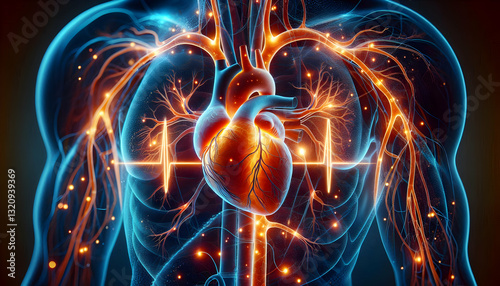 Medical science Conceptual medical design showing a glowing orange heart in a semi-transparent body, with arterial a4