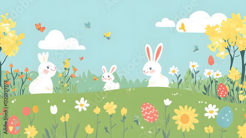 Colorful and cute vector illustrations of Easter bunnies in joyful spring scenes.