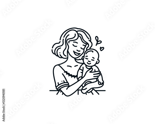 Happy Mother's Day logo design icon vector template. Line art mother and baby outline logo.