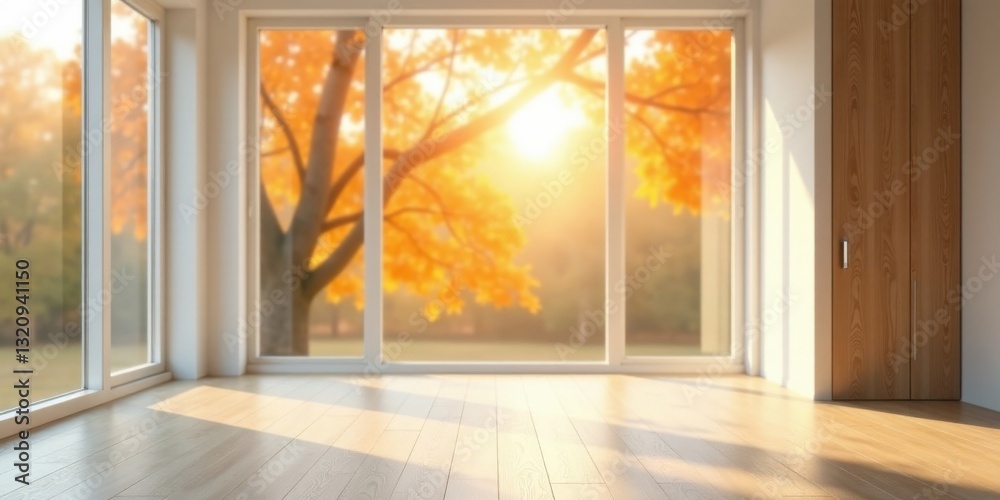 Obraz premium Empty room with large window showcasing autumn foliage and warm sunlight illuminating light wood floor