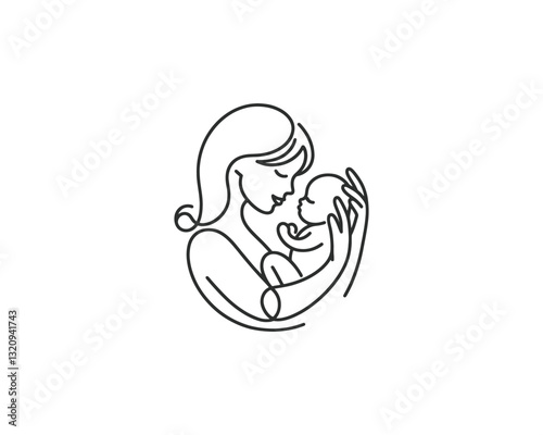 Happy Mother's Day logo design icon vector template. Line art mother and baby outline logo.