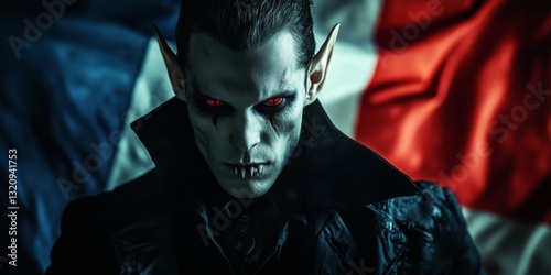 Scary vampire looking menacing with french flag on background photo