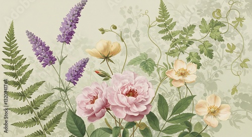 Fototapeta Naklejka Na Ścianę i Meble -  Soft light illuminates delicate pastel roses and ferns arranged gracefully. AI Generated