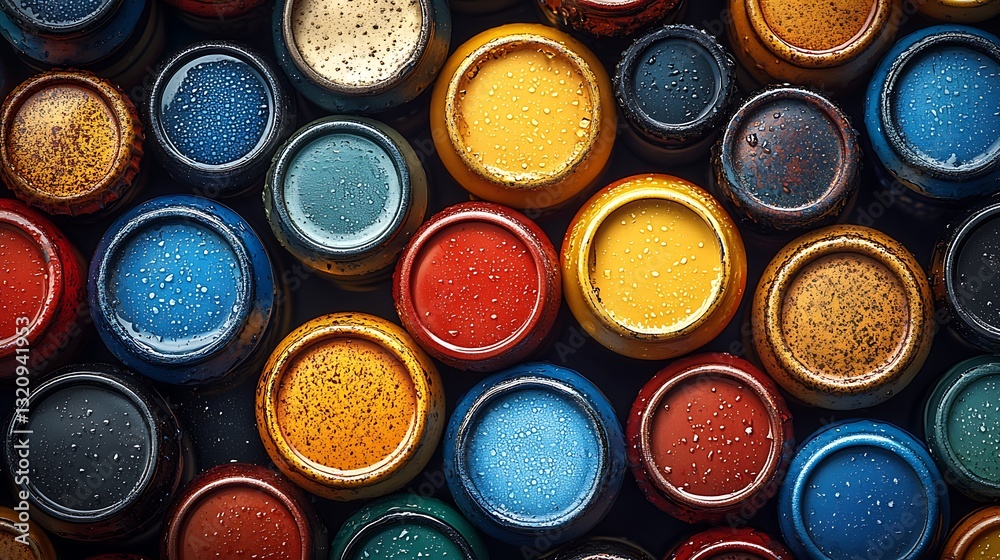 Macro shot of colorful beer bottle caps showcasing unique textures and ridges Macro shot of colorful beer bottle caps showcasing unique textures and ridges