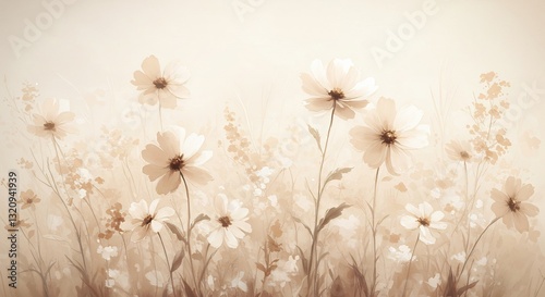 Soft light illuminates delicate beige wildflowers gently swaying in a tranquil field. AI Generated
