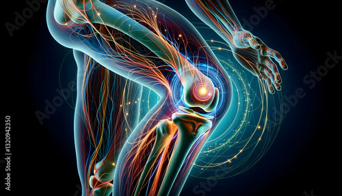 Medical science An artistic diagram of the human knee joint showing the femur, tibia, and neural pathways around the3
