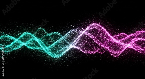 Glowing teal pink particles elegantly swirl dark background creating vibrant abstract energy waves. AI Generated