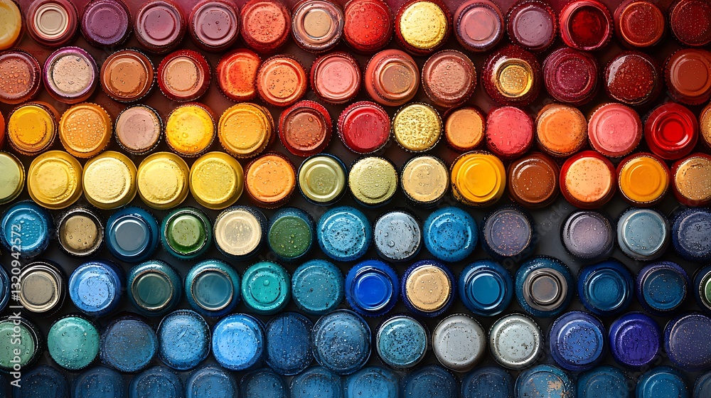 Stack of beer bottle caps in a gradient of vibrant hues Stack of beer bottle caps in a gradient of vibrant hues